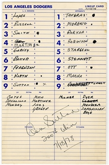 1978 Don Sutton Game Used and Signed Lineup Card From 200th Career Win Game - 7/18/1978 (JSA)